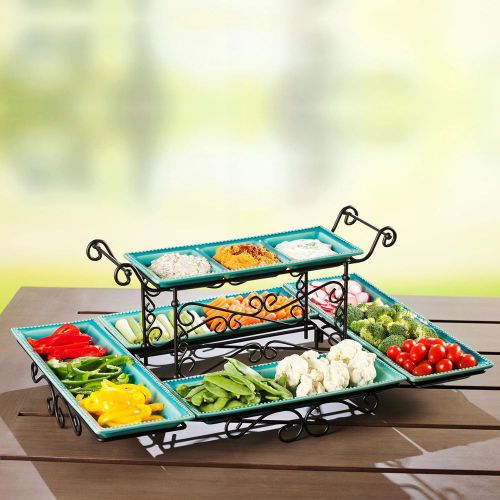 Multi Level Gourmet Buffet Stoneware Server with Beaded Edges &amp; Steel Frame -NEW