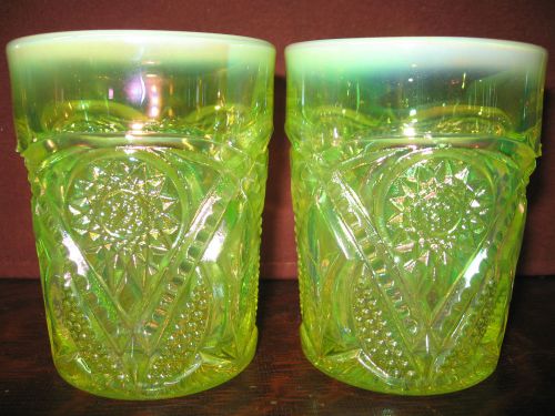 pair of Vaseline Opalescent carnival glass tumblers cups goblets uranium yellow