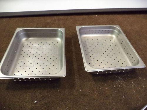 TWO 1/2 SIZE STEAM TABLE PANS WITH HOLES 2 1/2&#034; DEEP STAINLESS STEEL