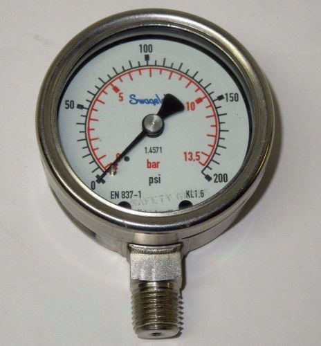 Swagelok gauge 2-1/2&#034; face 316 s/s 0-200 psi 1/4&#034; npt lower nib &lt;155er09 for sale