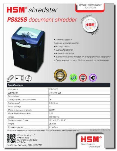 HSM shredstar PS825S, 25-Sheet, Strip-Cut, 7.1-Gallon Capacity Shredder