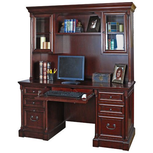 Two piece brown cherry traditional office computer credenza with file hutch for sale