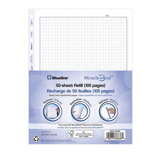 Rediform Blueline Miraclebind Quad Ruled Refill Sheets, 11 x 9.06 Inches, 50
