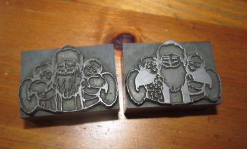 Vintage 2 pc Letterpress Printing Block Solid Metal Santa Claus Kids Christmas