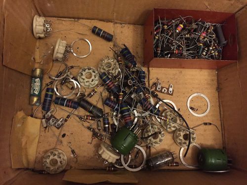 Lot of electronic parts capacitors resistors and tube sockets