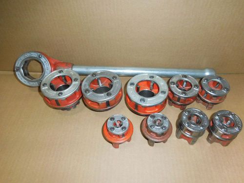 (9) Ridgid 11R Dies &amp; Handle (3) 1 1/4&#034; 3/4&#034; 1/2&#034;, (2) 3/8&#034; (2) 1/8&#034;  Used