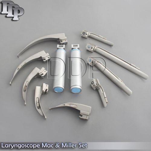 Laryngoscope Mac &amp; Miller Set of 9 BLADES &amp; 2 HANDLES EMT Intubation (no case)