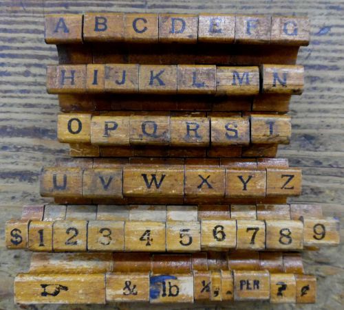 Old Full Alphabet Numbers Wood Printers Block Letters W/ Price Punctuation 44 PC