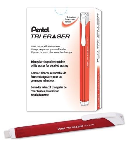 Pentel Tri Eraser Retractable Eraser, Metallic Red Barrel, Box of 12 (ZE15MB)