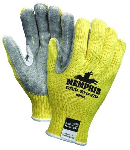 Mcr safety 9686m grip sharp kevlar shell 10 gauge split leather palm gloves with for sale