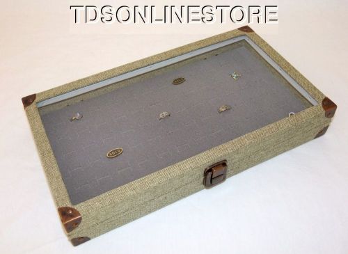 Burlap Covered Glass Top Jewelry Display Case For 72 Rings Gray Insert