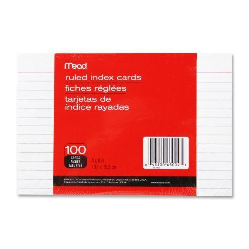 Mead : Index Cards, Ruled, 4&#034;x6&#034;, 100/PK, White -:- Sold as 2 Packs of - 100 - /