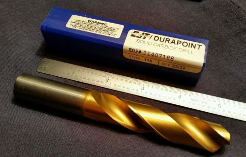 CJT DURAPOINT Solid carbide drill 114. 23/32 .719&#034; ground rear shank. TiN coat