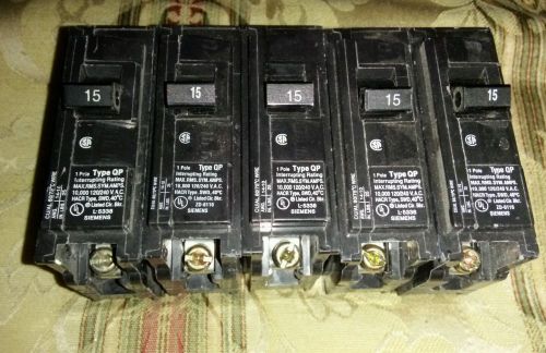 Lot of 5 Siemensv15 amp 1 pole120/240V Circuit Breaker, Used