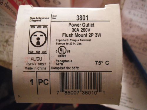 Pass &amp; seymour 3801 power outlet 30a 250v, flush mount 2p 3w -  new for sale