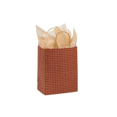 Count of 100 Medium Red Gingham Paper Shopping Bag 8” x 4  1/2 ” x 10  1/4 &#034;