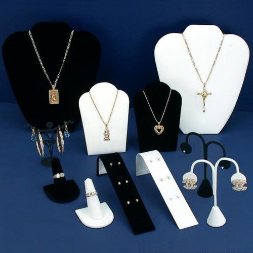 Black velvet &amp; white jewelry display 11 pc set bonus for sale