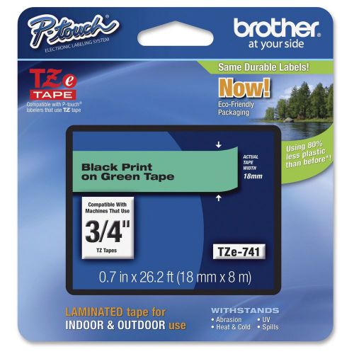 Brother TZe741 Black on Green Label Tape - 0.70&#034; Width x 26.25 ft Length - Therm
