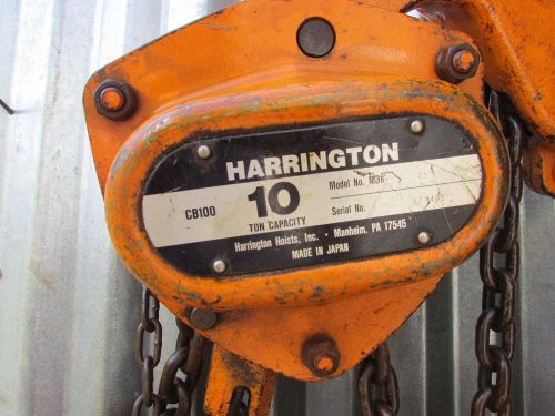 Harrington chain hoist 10 ton  20&#039; lift cb100 for sale