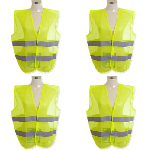 Lot of (4) One Size Fits All Bright Neon Safety Vest W/ Reflective Strips