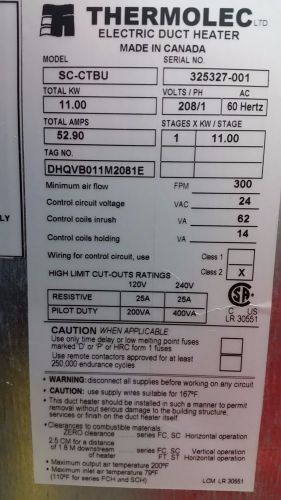 Thermolec, Duct Heater, 11.0kw 208v 1 phase 52.90 amps