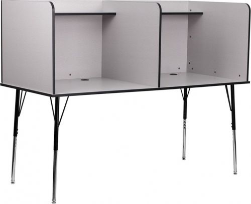 Double Wide Study Carrel with Adjustable Legs and Shelf in Nebula Grey