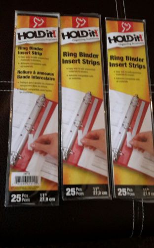 3 HOLD IT Binder Insert Strips, 3/4 x 11, Self-Adhesive, Punched, Clear, 25/Pack