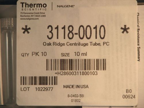 Pk/10 Nalgene 10mL Oak Ridge PC Centrifuge Tube w/ Screw Caps  #3118-0010