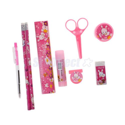 9Pcs Stationery Set Box Pencil Ruler Scissor Eraser Pen Glue Sharpener&amp;Clip