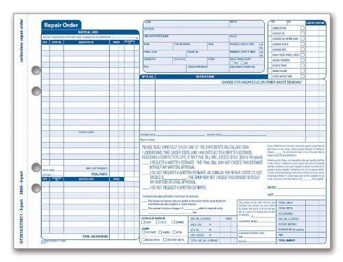 Adams Garage Repair Order Forms, 8.5 x 11 Inch, 3 Parts, 250-Count, White and