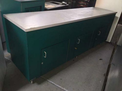 3 door green storage cabinet with gray counter top (non-refrigerated)
