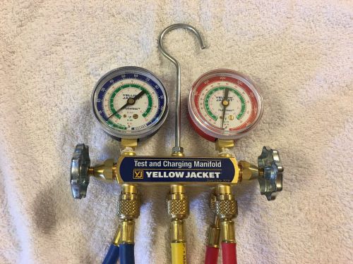 Yellow jacket 2 valve red &amp; blue testing &amp; charging manifold gauges r-22 for sale