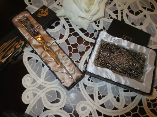Mother of Pearl Set Letter Opener and Business Card Holder NEW