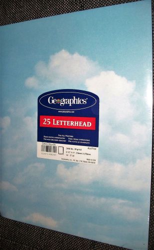 GEOGRAPHICS LETTERHEAD PAPER 25 SHEETS BLUE SKY &amp; CLOUDS, ACID FREE PAPER -NEW