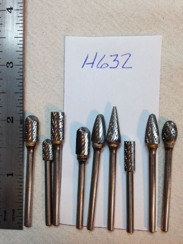 9 NEW 1/8&#034; SHANK CARBIDE BURRS. DOUBLE &amp; SINGLE CUT.  BIGS. MADE IN USA (H632)