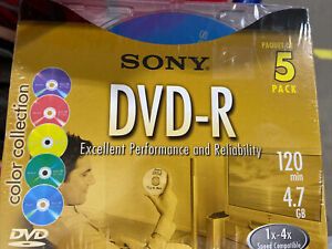 SONY DVD-R 5 PACK 120 MIN 4.7 GB RECORDABLE Media BLANK DISC NEW SEALED Colors