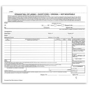 Short Form Straight Bill of Lading, 8-1/2 x 7&#034;, 3 Part White/Canary/Pink, 250...