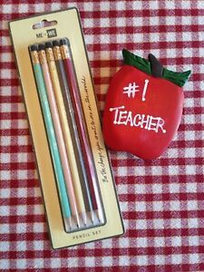 Teachers&#039; Gift &#034;Me to We&#034; NIB Inspirational Pencils &amp; &#034;#1 Teacher&#034; Apple Magnet