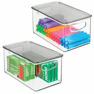 mDesign Plastic Storage Bin, Lid for Home Office Workspace, 2 Pack - Clear/Smoke
