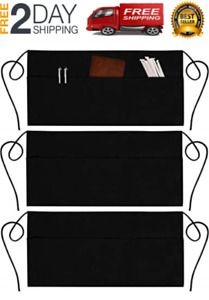 3 Pack Waist Aprons 3 Pockets Waitress Server Waiter Apron for Women Men Black
