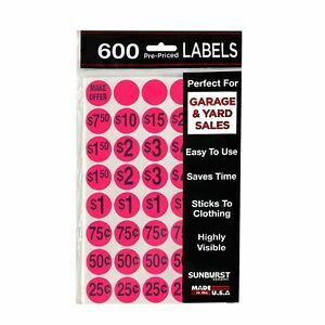 Sunburst Systems 7030 Priced Color Dot, Garage Sale, Pink, 600 Ct. Pre-Printe...