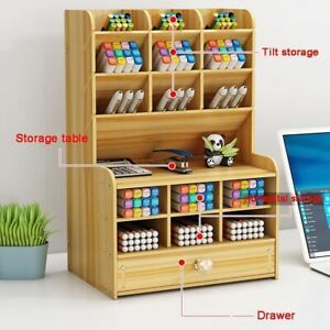 Desk Organizer Wooden Pen Holder Multi functional Rack Storage Stationeries New