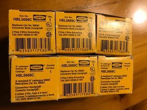 HBL 5669C connector body insalgrip 2pole3wire15A250V nema6-15r(lot of 6 Plugs) 