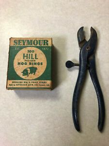 Vintage Hog Ringer Pliers and box of Seymour No. H3 Hill Pattern Hog Rings