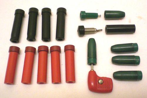 Lot of 15, Insulated in-line PIN JACKS, 5 red, 5 black, 5 green, H.H. SMITH, USA