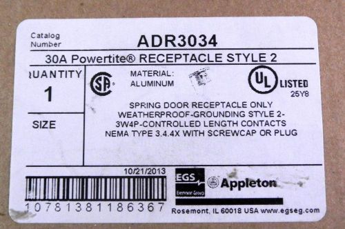 APPLETON 30 amp Powertite Receptacle #ADR3034. NEW. Free shipping.