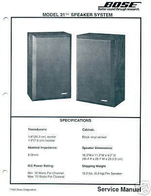 Bose Model 31 Speaker ORIGINAL Service Manual  FREE US