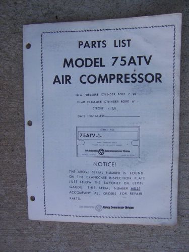 1968 quincy model 75atv air compressor parts list manual high low pressure  r for sale