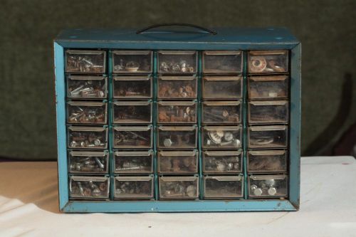 Vtg akro mils blue 30 drawer toosl nuts bolts cabinet tool box metal wall mount for sale