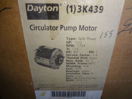 DAYTON HOT WATER CIRC PUMP MOTOR 3K439 1\12 HP 115V FITS B &amp; G 48YZ FRAME NEW 